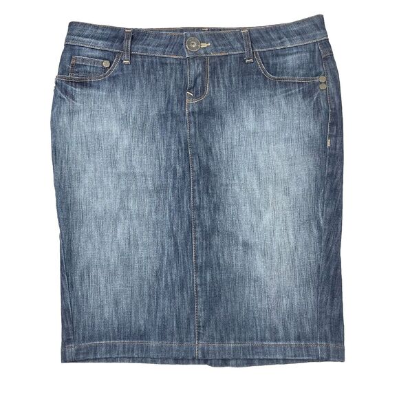 DKNY Denim Mini Skirt Sz 11 Distressed Grunge Y2K Stretch Ruched Pencil 90s - Picture 1 of 8